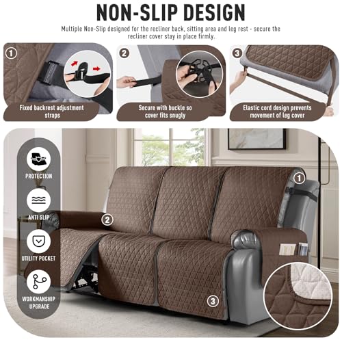 TAOCOCO 100% Waterproof Recliner Couch Covers, Non Slip Recliner Covers that Stay in Place, One-Piece Washable Reclining Sofa Cover for 3 Seater with Elastic Straps, Brown — view 5
