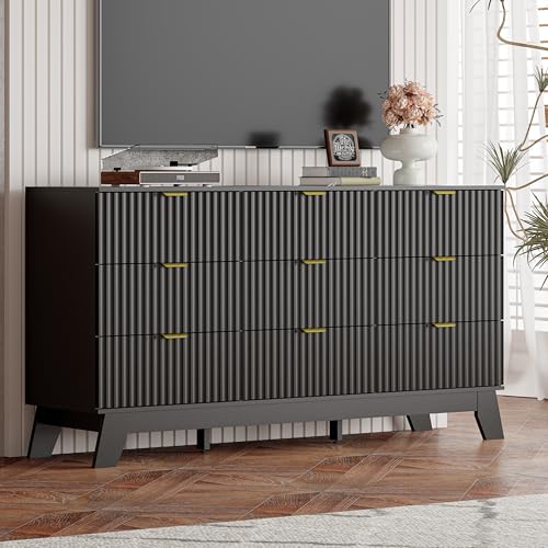 Image of Black Dresser 9 Drawer Dresser for Bedroom, 57''Wide Fluted Wooden Dresser Storage Cabinet and Chest of Drawers with Metal Handle, Storage Organizer for Living Room, Hallway, Entryway