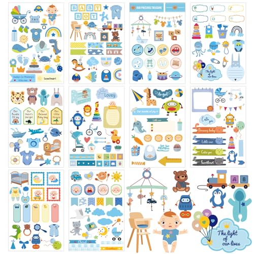 Tinoaly 10 Feuilles d'Autocollants Scrapbooking Bébé Garçon, Différents Designs Autocollants Tout-Petits Fournitures Scrapbooking pour Garder Souvenirs Nouveau-Né...