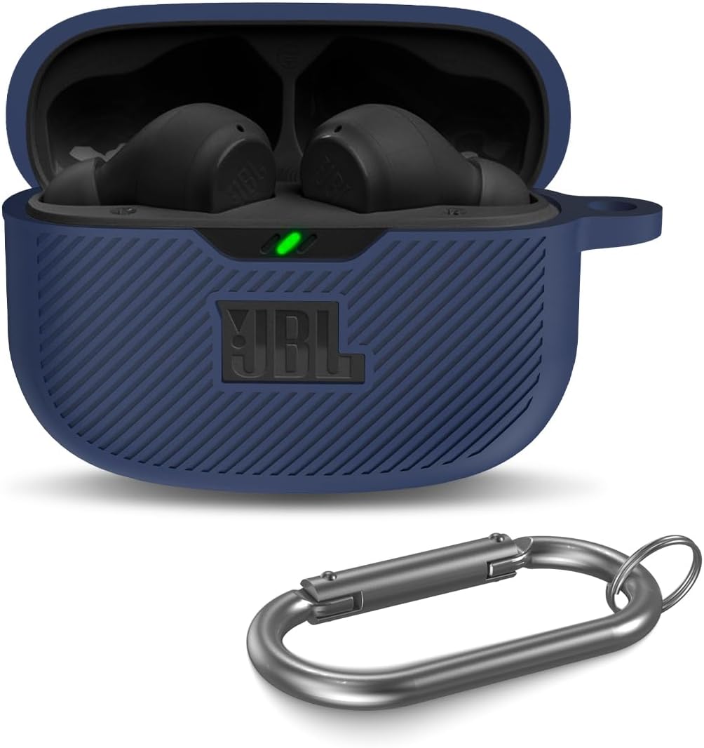 Funda para JBL Vibe Beam/JBL Vibe Beam 2/JBL Vibe 200TWS, funda de silicona resistente a los arañazos con logotipo visible compatible con JBL Vibe 200TWS y Beam & Beam 2 estuche de carga con mosquetón-azul
