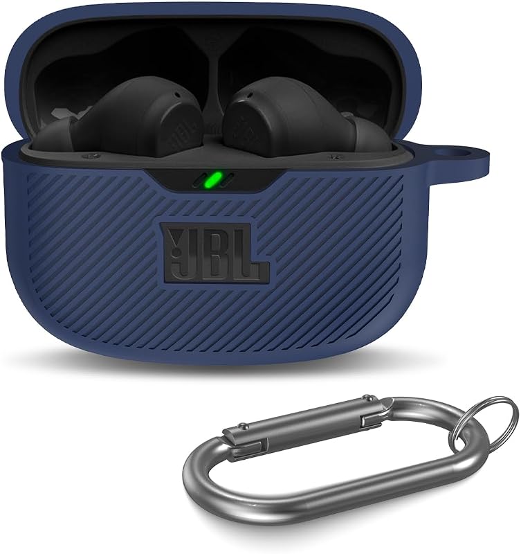for JBL Vibe Beam/JBL Vibe Beam 2/ JBL Vibe 200TWS Case Cover, Silicone Scratch Resistant Logo Visible Cover Compatible with JBL Vibe 200TWS & Beam & Beam 2 Charging Case with Carabiner-Blue