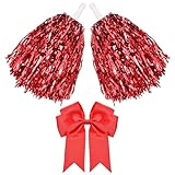 Hotop 3 Pcs 10 in Cheerleading Pom Poms and Large Cheerleader Hair Bow Cheer Pompoms Cheerleading Accessories for Sport Events Dance Party Basketball Football Team(Red,Glitter)