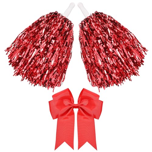 Hotop 3 Pcs 10 in Cheerleading Pom Poms and Large Cheerleader Hair Bow Cheer Pompoms Cheerleading Accessories for Sport Events Dance Party Basketball Football Team(Red,Glitter)