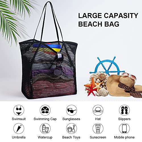 Flintronic Mesh Strandtasche Groß mit Reißverschluss Innentasche, 45*35*16 cm Strandtasche Damen mit Kosmetiktasche，Große Reisetasche Strandtasche Faltbare Handtaschen Beach Tote Bag