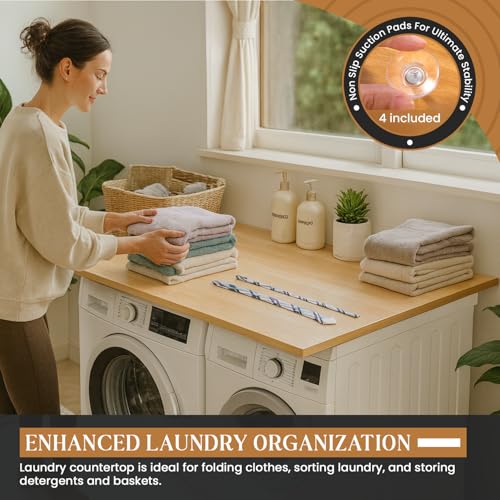 HOUSEHOOD Washer Dryer Countertop with Non-Slip Pad – 54\"x27\" Multi-Purpose Wooden Table Top for Washer and Dryer, Work Bench or Kitchen Countertop, Durable Shelf for Maximising Laundry Space