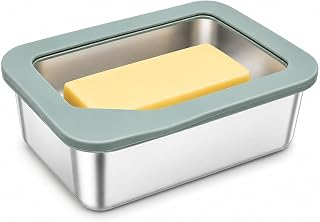 Butter Dish with Lid, Stainless Steel Butter Keeper with Silicone-Sealed Glass Lid, Airtight Butter Container for Countertop, Fridge, Cheese and Spreads,650ml
