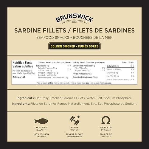 Brunswick Sardine Fillets Seafood Snacks Golden Smoked 92g, 18 Count - Canned Sardines - High In Protein - Contains Omega-3 - Excellent Source Of Vitamin D - Ready To Eat - Naturally Smoked - 2