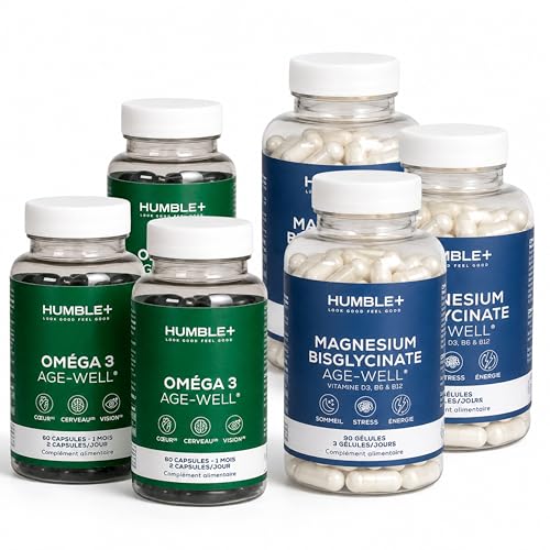 HUMBLE+ Pack Active Aging 3 Mois - 3 Magnésium + 3 Oméga-3 EPA & DHA | Bisglycinate D3, B6, B12 & Huiles de Poisson - Programme Complet, Trimestriel - pour le Quotidien - Marque Française
