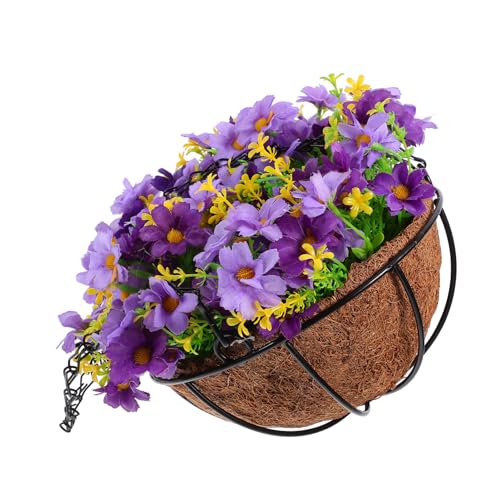 Panier fleurs suspendu extérieur fer résistant aux intempéries avec fleurs violettes - 2