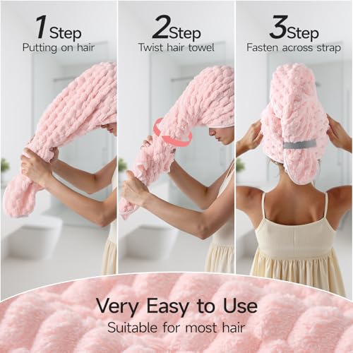 Image of REDKISS 2 Pack Microfiber Hair Towels - Extra Large Hair Towel Wrap for Women, 24x42 inch Pink Hair Towels with Elastic Strap, Super Soft Blue Hair Drying Towels Curly Anti Frizz Turbans