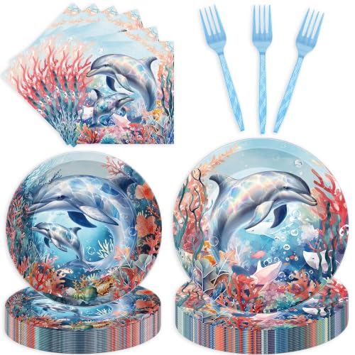 96 Pcs Dolphin Birthday Party Decorations Under the Sea Dolphin Plates Napkins Forks for 24 Guests Ocean Themed Tableware Set Party Supplies