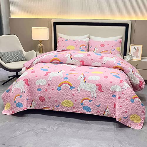 Vinilite Rainbow Unicorn Kids Quilt Sets For Girls Queen Size, 3Pcs Soft Microfiber Children Cartoon Quilted Bedspread Coverlet Bedding Comforter Set Reversible All Season With 2 Pillow Sham, Pink #TOP3
