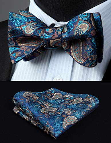 Hisdern Bowties Men Self Tie Green Paisley Bow Ties For Men Pocket Square Set Aqua Classic Business Formal Tuxedo Men's Bowtie Handkerchief For Wedding Party #TOP1