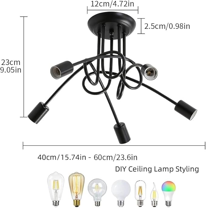 Riserva Riserva Industriële plafondlamp, 5-lampen, plafondlamp van ijzer, vintage, kroonluchter, E27, plafond, zwart, plafondverlichting voor woonkamer, slaapkamer, keuken (zonder lampen) photo 3