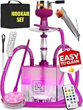 Purple Hookah Set 2 Hose - Purple Hookah Set with Everything - YADO Square Hooka With Case with Hookah Coal Holder & Amazing Led Light Remote & Big Silicone Bowl & Bag for Shisha