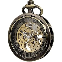 VIGOROSO Mens Classic Steampunk Pocket Watch with Chain Skeleton Hand Wind Mechanical Pocket Watches for Men & Women