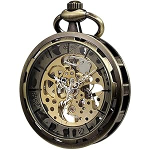 VIGOROSO Mens Classic Steampunk Pocket Watch Gold Skeleton Hand Wind Mechanical Watches in Box