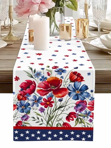 4th of July Cotton Linen Table Runner Dresser Scarves, Stars Red Blue Table Runners for Dinning Table, USA Flag Theme Poppy Flower Kitchen Decor, Holiday Dinner Decoration-13x70 Inch