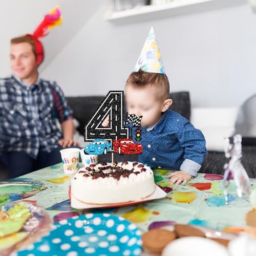 Ephlyn 1Pc Race Car 4th Birthday Cake Topper Glitter 4th Racing Car Birthday Cake Decoration for Racing Car Checkered Flag Themed Girl Boy 4 Years Birthday Party Supplies