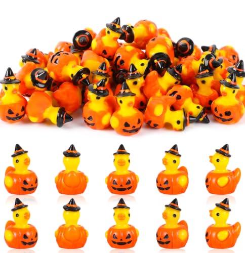 Image of JUNEBRUSHS 50Pcs Mini Resin Ducks Halloween Tiny Pumpkin Ducks Figures