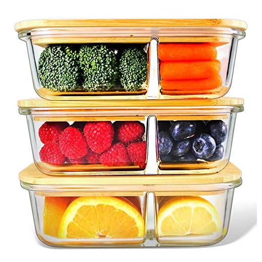 Glass Containers Bamboo Lids, Urban Green, Meal Prep Containers, Glass Food storage Containers, 2 Compartments, Pantry and Kitchen Organizer, Lunch Bento Box, Microwave-Freezer-Oven Safe, set of 3,
