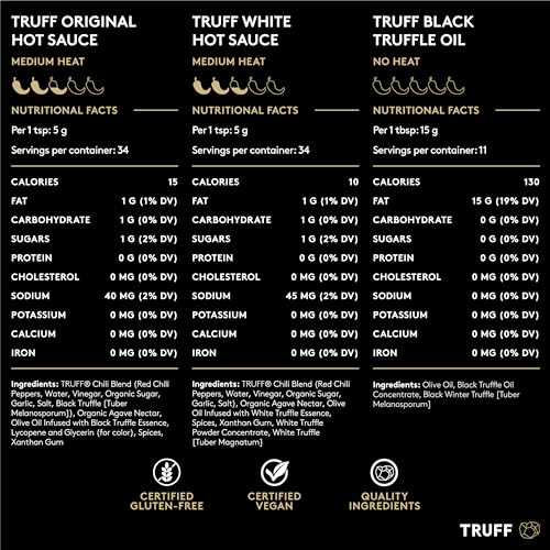 Image of TRUFF Sampler Pack - Gourmet Hot Sauce Set of Original (6 oz), White Truffle Edition (6 oz), and Black Truffle Oil (5.6 oz), Unique Flavor Experiences with Truffle, 3-Bottle Bundle