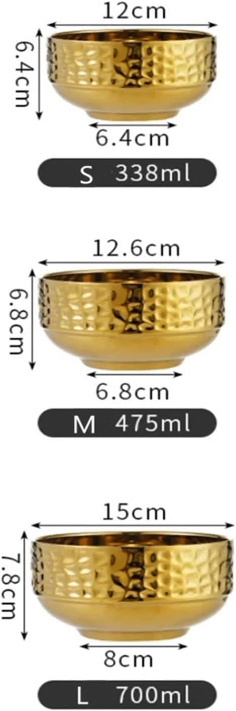2pcs Household 304 Stainless Steel Rice Bowl,Golden Soup Salad,Double-layer Hammer Patterned(12.5CM Dot Pattern)