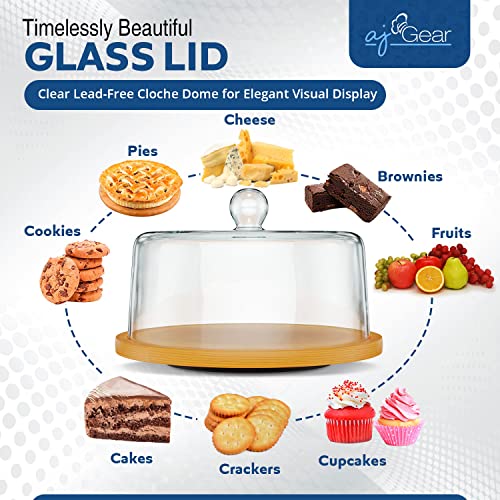 Wooden Cake Stand - Round Rotating Turntable Cake Stand With Glass Dome - Pedestal With Revolving Base For Decorating And Display #TOP5