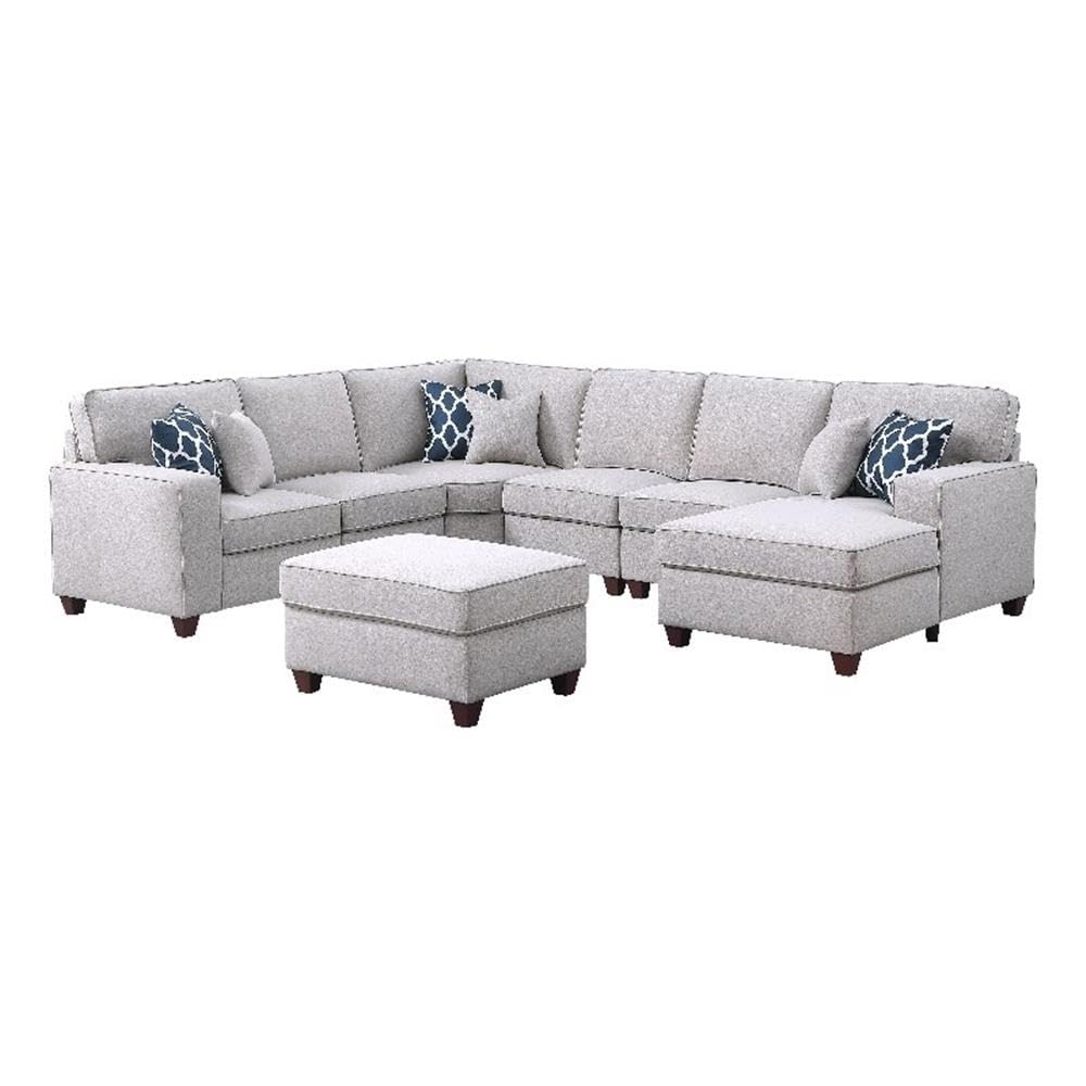 Devion Furniture 7-Piece Modern U-Shaped Fabric Upholstered Removable Corner Modular Sectional with Chaise & Ottoman in Light Gray Finish