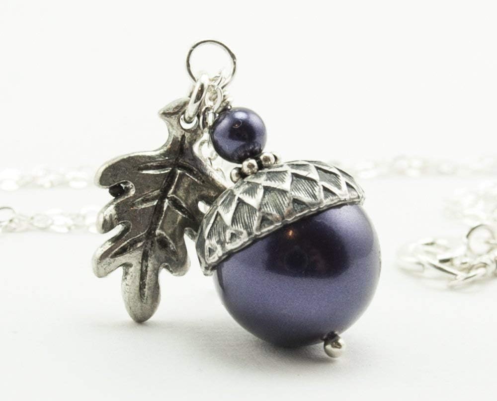 Acorn Necklace with Oak Leaf, Dark Purple Colored Simulated Pearls, Sterling Silver Chain 20 inches - Image 2
