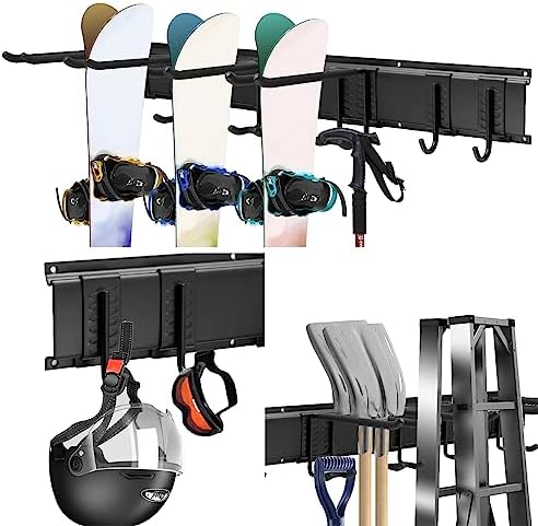 Sinoer Garage Garden Tool Organizer Wall Mount, 32 Inch Tool Storage Rack with 6 Adjustable Metal hooks with 2 Straps, for ski equipment hangers,chairs, brooms,rakes,shovel,yard tools rack - 1