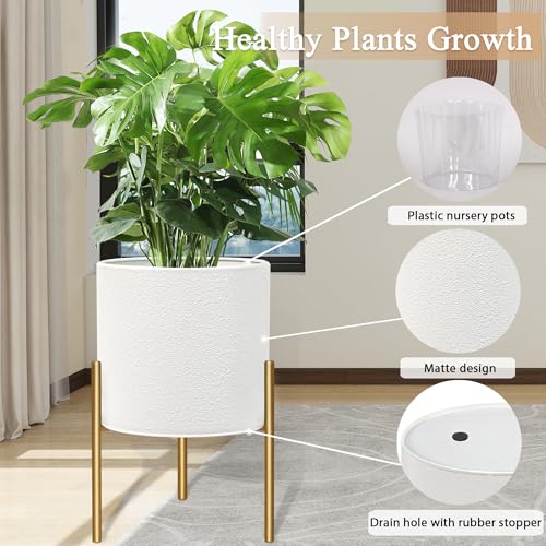 Sizes Medium and Large Color White  Planter Pots, Large Planters with Stand, Set of 2 Metal Planters for Indoor Plants with Drainage Holes for Living Room, Office, Garden or Balcony