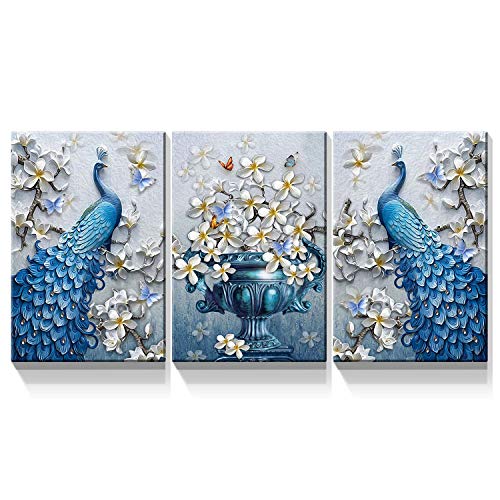 Denozer - 3 Panel Peacock Canvas Wall Art Paintings - Peacock Elegant Flower Pictures On Canvas Animal Wall Decor for Living Room Home Decor Stretched and Framed Ready to Hang - 30