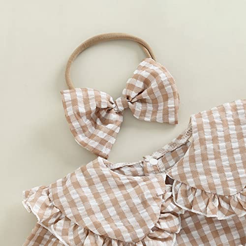 Newborn Baby Girl Fall Clothes Plaid Ruffle Romper Princess Peter Pan Collar Bodysuit Headband3