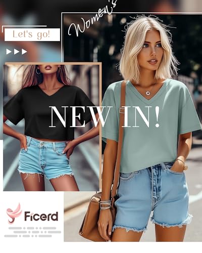 Ficerd 3 Pack Cotton Women's V Neck Crop Tops Half Sleeve Drop Shoulder Basics Cropped Top Boxy Tees for Girls3