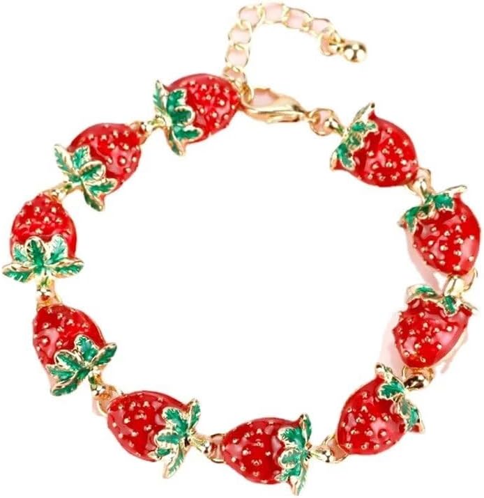 Funny Cute Strawberry Bracelet for Women Sweet Fruit Strawberry White Flower Charm Bracelet Jewelry Lover Party Birthday Valentine's Day Gifts