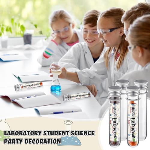 LOYIM 25 Set Lab Week Gifts Bulk Science Party Favors 45ml Plastic Test Tube with Cap Happy Lab Week Sticker 25x140mm Clear Test Tube for Candy Storage Laboratory Student Science Party Decoration