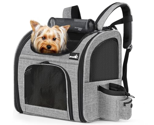 pecute Haustier Rucksack mit Netzfenster, Tragbare und Faltbare Katzentasche, Atmungsaktive und Leichte Hundetasche, Wasserdichtes Oxford-Tuch mit Viel Platz, Multifunktionales Rutschfestes Grau M
