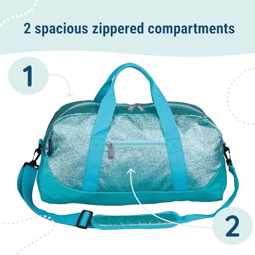 Image of Wildkin Kids Overnighter Duffel Bag - Carry-On Travel Bag for School & Sleepovers, Lightweight, Durable, Boys & Girls Ages 4-15 - Blue Glitter