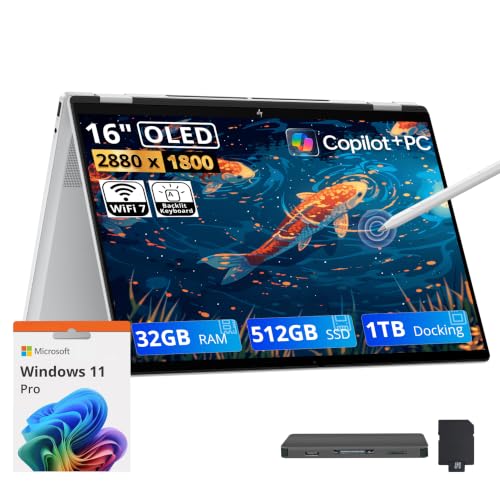 Image of HP OmniBook 7 Flip 2-in-1 16 inch OLED Touch Laptop, Intel Core Ultra 7 258V, 32GB LPDDR5X, 1.5TB Storage(512GB SSD+1TB Docking Station Set), Intel Arc Graphics, Wi-Fi 7, Copilot+ PC, Win 11 Pro, Silver