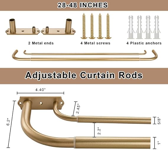 Antique Gold Double Curtain Rods, Double Curtain Rods 28-48 Inch, Wrap Around Double Window Rods Room Darkening Curtain Rods, Adjustable 1-Inch Diameter Front and 5/8 Inch Back Double Drapery Rod