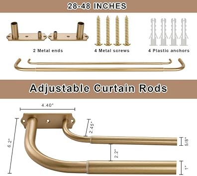 Antique Gold Double Curtain Rods, Double Curtain Rods 28-48 Inch, Wrap Around Double Window Rods Room Darkening Curtain Rods, Adjustable 1-Inch Diameter Front and 5/8 Inch Back Double Drapery Rod