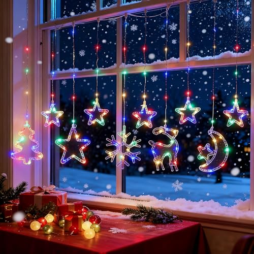 RuiDay 3m Colorful Christmas Window Lights,130 LED Christmas Curtain Lights, Fairy Lights, 8 Modes Christmases Star Light, USB Plug in Christmases Curtain Lights, Home Decorations