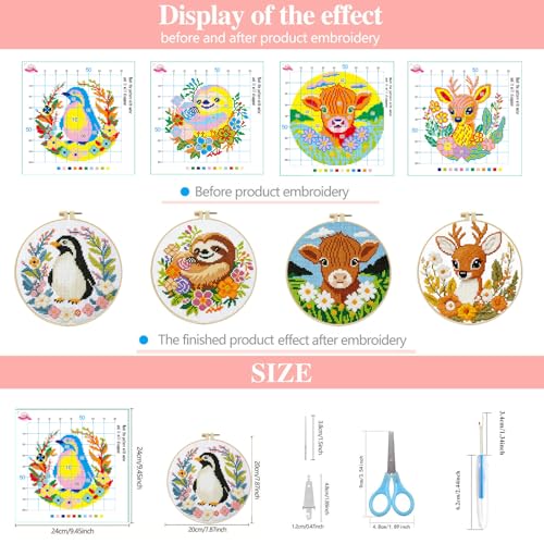Image of Zhenqing 4-Piece Animal Cross Stitch Kit for Beginners - Complete Set with Pre-Printed 11CT 24x24cm Fabric, Hoop & Tools (Penguin, Sloth, Cow, Deer Designs)(70405)