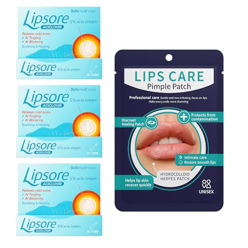 Cold Sore Cream 5% Aciclovir Bundle Kit | Fast Acting Coldsore Cream | Effective Treatment for Cold Sores & Mouth Ulcers Lip Treatment Blisters | 3 Pack x 2g Tubes with Lip Care Pimple Patch 144pcs
