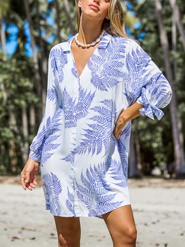 Image of CUPSHE Women Mini Summer Dress Cover Up Oversize Floral Shirt 3 /4 Sleeve Cuff Tie Button Down Beach Dresses Cover Up Top