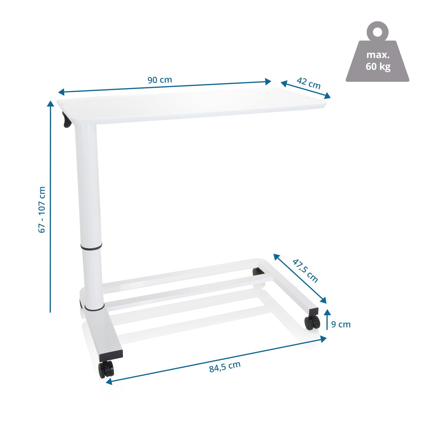 hjh OFFICE 830054 Sitz-Stehtisch höhenverstellbar Stand II Weiß Beistelltisch mit Gasfeder & Rollen, Höhe bis 107 cm