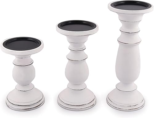 Samhita Juego de 3 candelabros de madera - Candelabro decorativo tallado a mano para sala de estar o centro de mesa