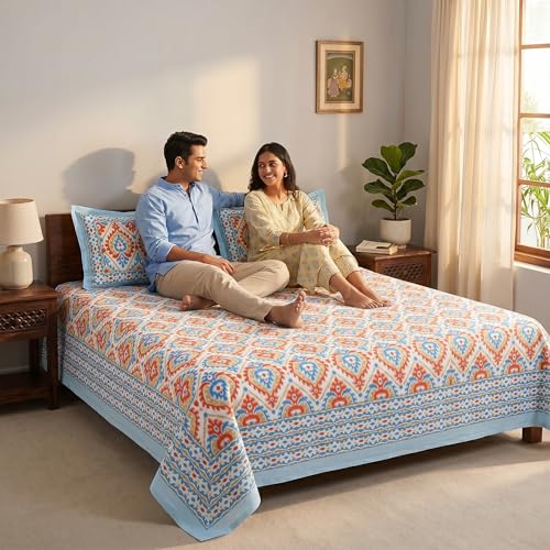 Image of Mafatlal 144 TC Heritage Queen Size Bedsheet | (90x108 inches) 100% Cotton Flatsheet Double Size with Two Pillow Covers| Super Soft Bed Sheet | Floral Design | Printed Fusion