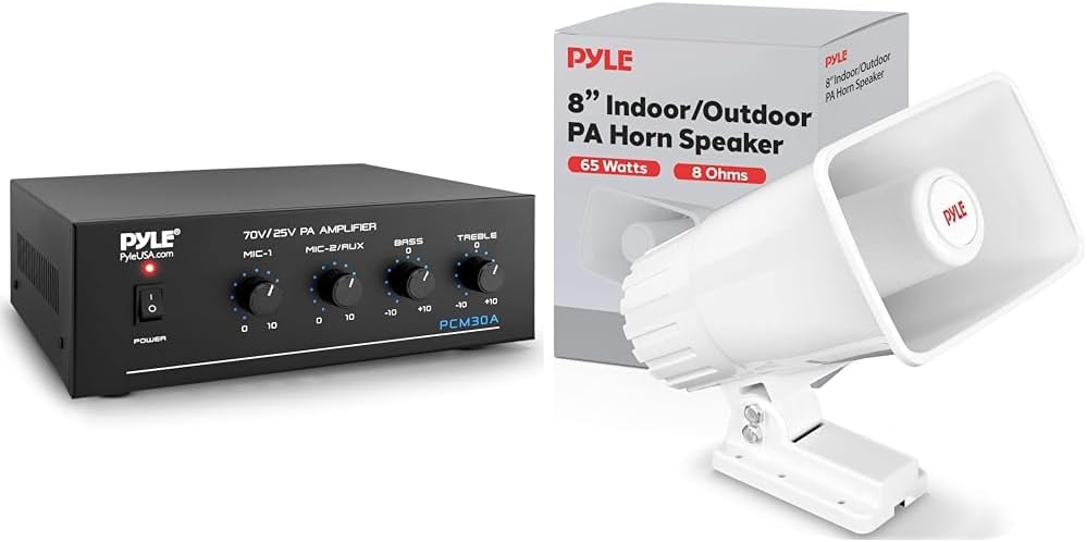 Pyle 60W Mini Home Stereo Amplifier, 8" 65W Outdoor PA Horn Speaker